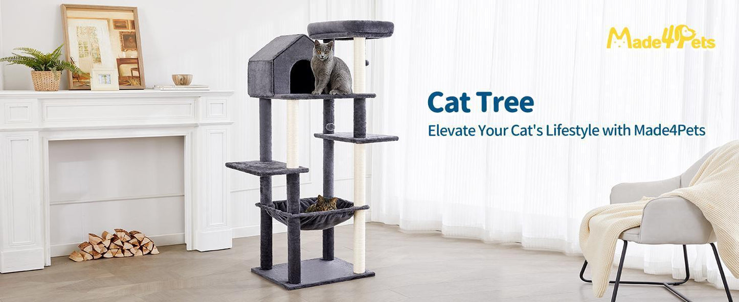 60 InchMulti-Level Cat Tree For Indoor Cats With Plush Hammock, Cozy Cat House, Scratching Post, Top Perch And Two Hanging Balls