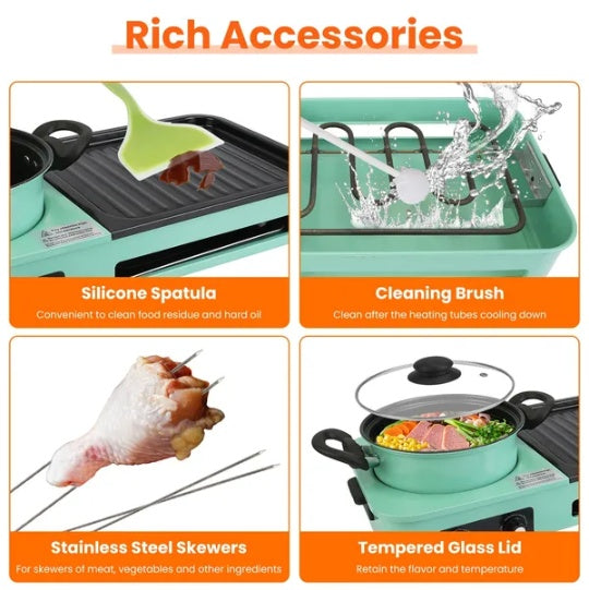 Electric Grill And Hot Pot Combo - 1600W Smokeless Korean BBQ Grill With Dual-Zone Cooking Non-Stick Surface & Adjustable Temp Control For 3-6 People IndoorOutdoor Use