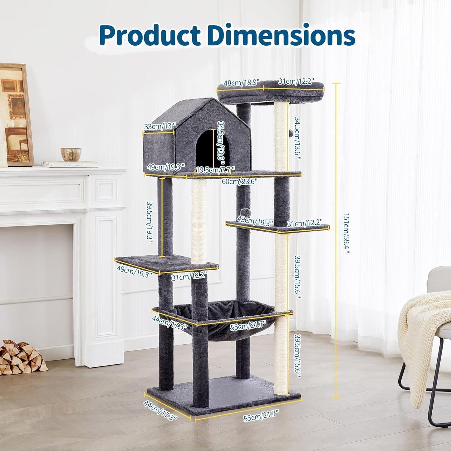 60 InchMulti-Level Cat Tree For Indoor Cats With Plush Hammock, Cozy Cat House, Scratching Post, Top Perch And Two Hanging Balls