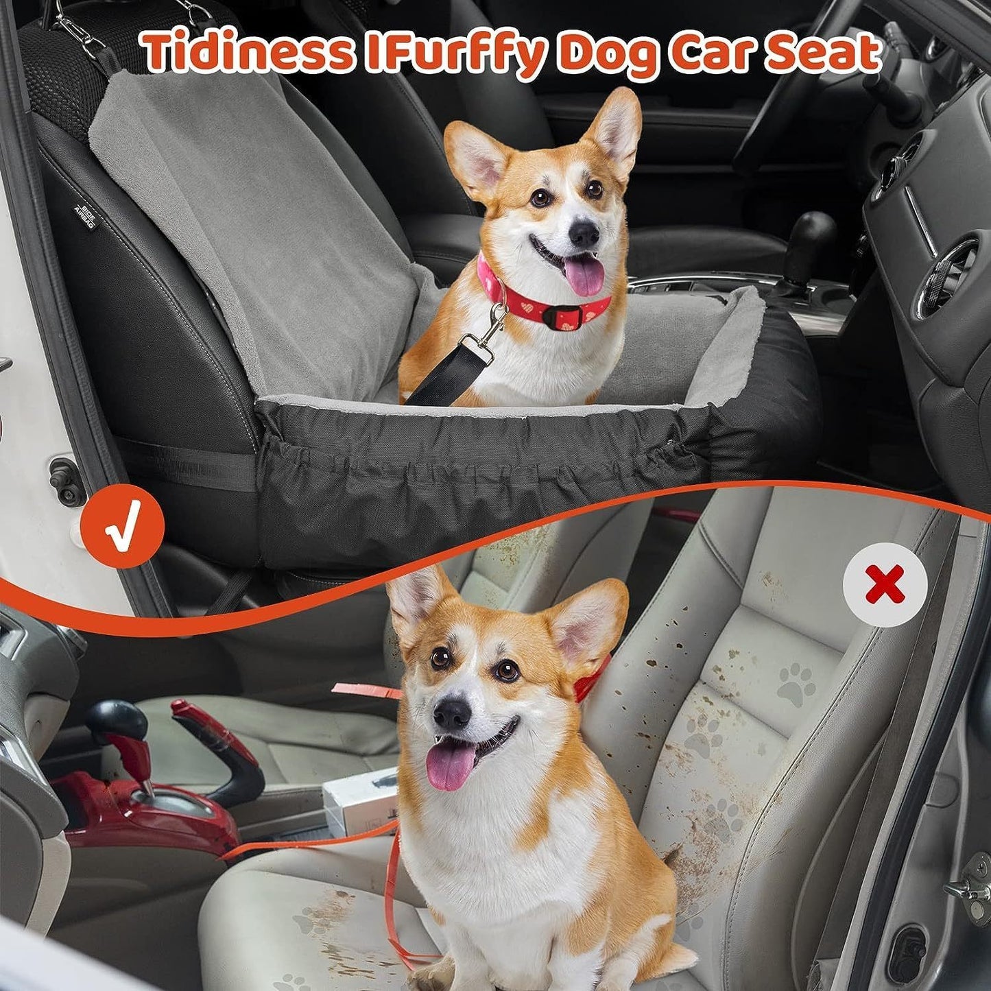 IFurffy Dog Car Seat, Pet Car Seat With Storage Pockets And Clip-On Safety Leash, Washable Coral Fleece Dog Booster Seat For Small Medium Dogs, Small Dog Car Seat For Travel Dog Car Bed ,Grey