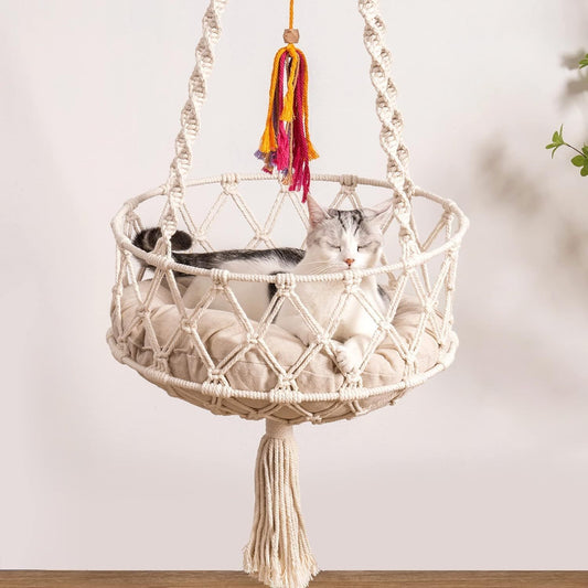 MEWOOFUN Boho Macrame Cat Swing - Handwoven Hanging Bed With Soft Mat & Toy For Indoor Cats, Decorative Hammock For Sleeping & Play Beige