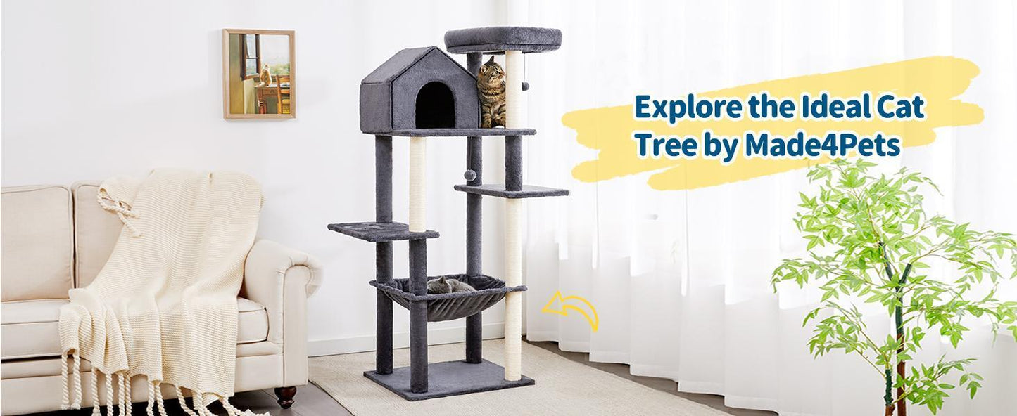 60 InchMulti-Level Cat Tree For Indoor Cats With Plush Hammock, Cozy Cat House, Scratching Post, Top Perch And Two Hanging Balls