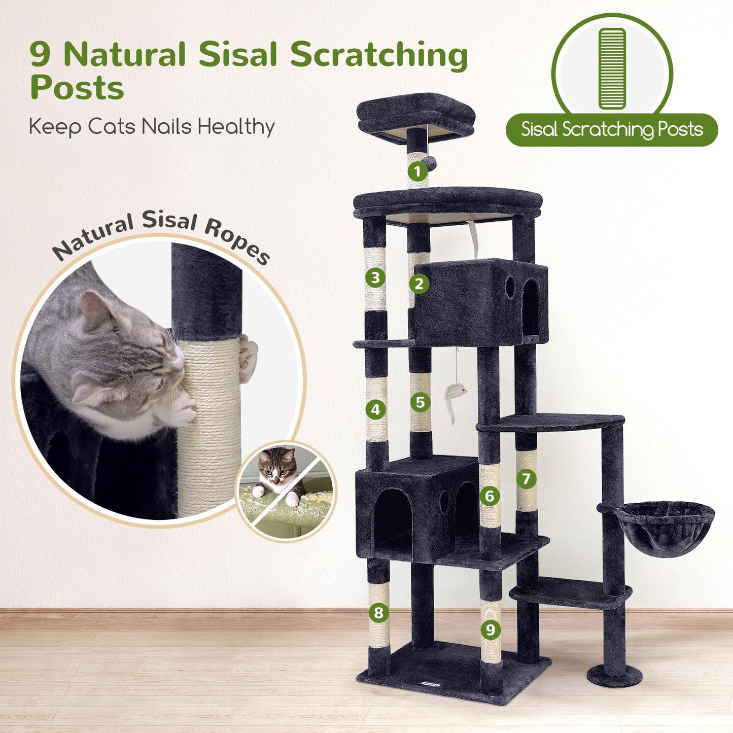 Giant Indoor Adult Cat Tree And Tower With 9 Scratching Posts For Heavy Cats