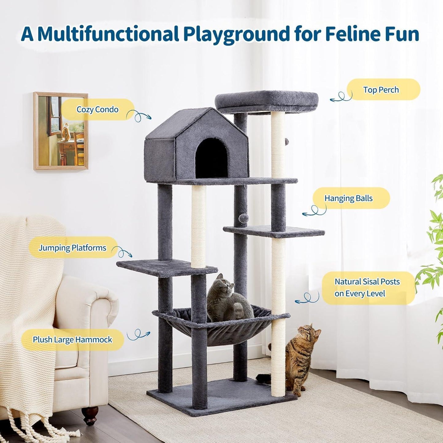 60 InchMulti-Level Cat Tree For Indoor Cats With Plush Hammock, Cozy Cat House, Scratching Post, Top Perch And Two Hanging Balls