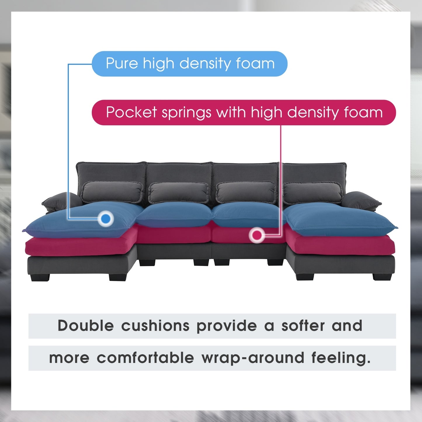 New Modern U-shaped Sectional Sofa, 6-Seat With Waist Pillows 109.8 55.9