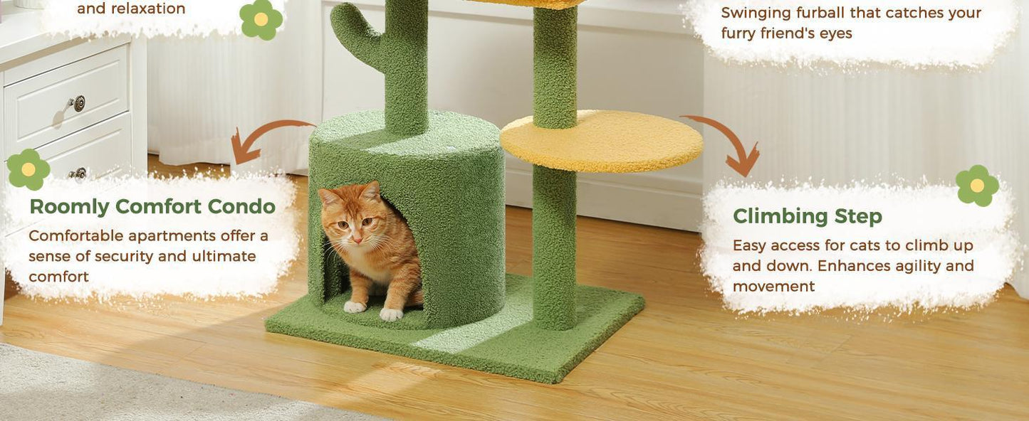 36.5 Inch Indoor Multi-layer Cactus Shape Cat Private Apartment Cat Tower With Cat Scratching Post And Plush Cat Bed