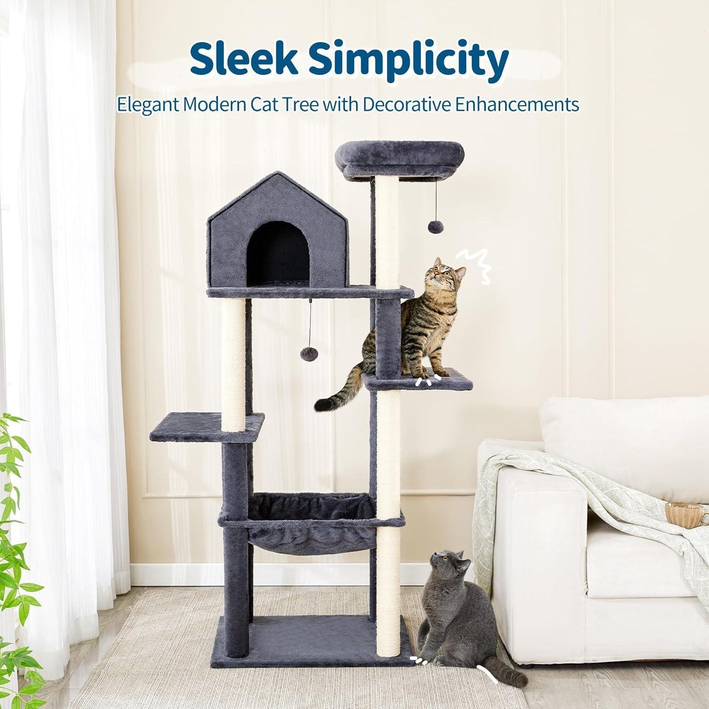 60 InchMulti-Level Cat Tree For Indoor Cats With Plush Hammock, Cozy Cat House, Scratching Post, Top Perch And Two Hanging Balls