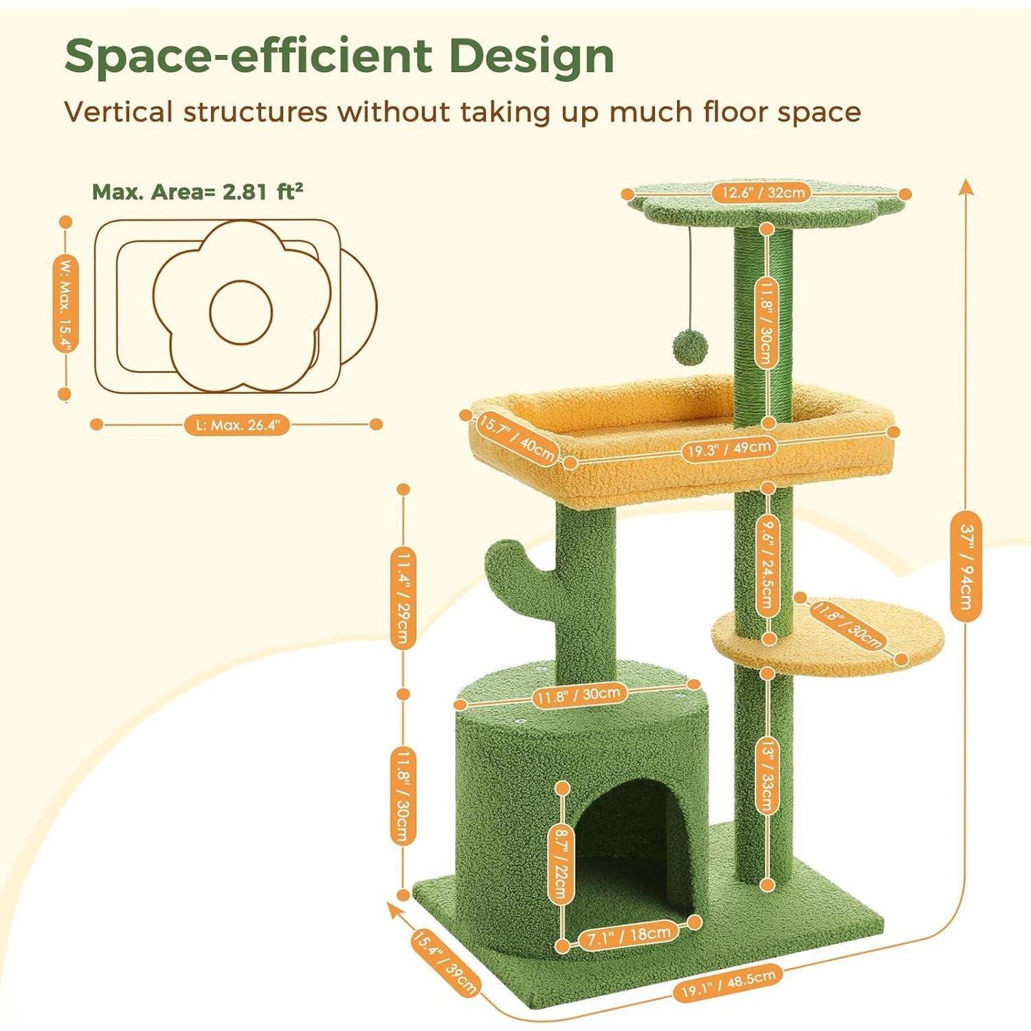 36.5 Inch Indoor Multi-layer Cactus Shape Cat Private Apartment Cat Tower With Cat Scratching Post And Plush Cat Bed